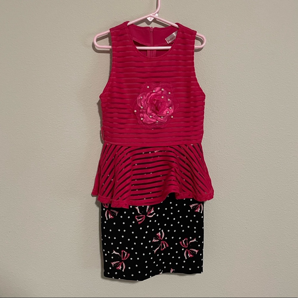 Kids Pink Floral Striped Dress with Bow Pattern and Polka Dots